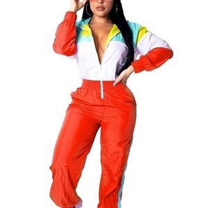 Unbranded Women’s Medium Orange Aqua Yellow Zip up Nylon Windbreaker Jumpsuit